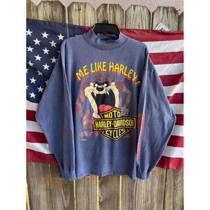 Vtg 90s Harley Davidson Taz long sleeve Mock Neck shirt  Me Like Harley! XL
